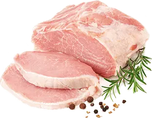 スライスした豚肩ロース肉と塊肉が白背景に盛り付けられ、ローズマリーと粒胡椒が添えられている写真